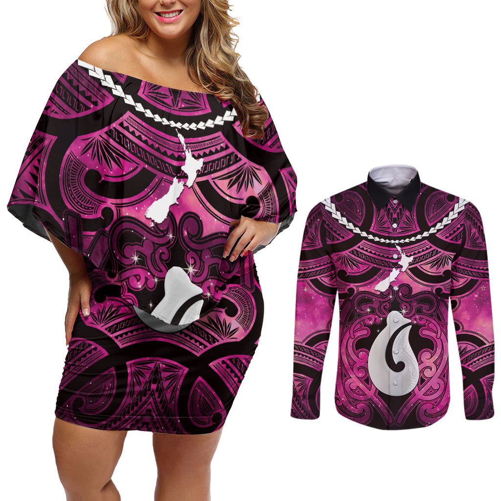 Personalised Maori Matariki Hei Matau Mawhero Couples Matching Off Shoulder Short Dress and Long Sleeve Button Shirt Maori Kowhaiwhai Pattern Galaxy
