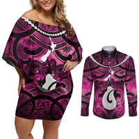 Personalised Maori Matariki Hei Matau Mawhero Couples Matching Off Shoulder Short Dress and Long Sleeve Button Shirt Maori Kowhaiwhai Pattern Galaxy LT01 Pink - Polynesian Pride