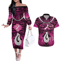 Personalised Maori Matariki Hei Matau Mawhero Couples Matching Off The Shoulder Long Sleeve Dress and Hawaiian Shirt Maori Kowhaiwhai Pattern Galaxy