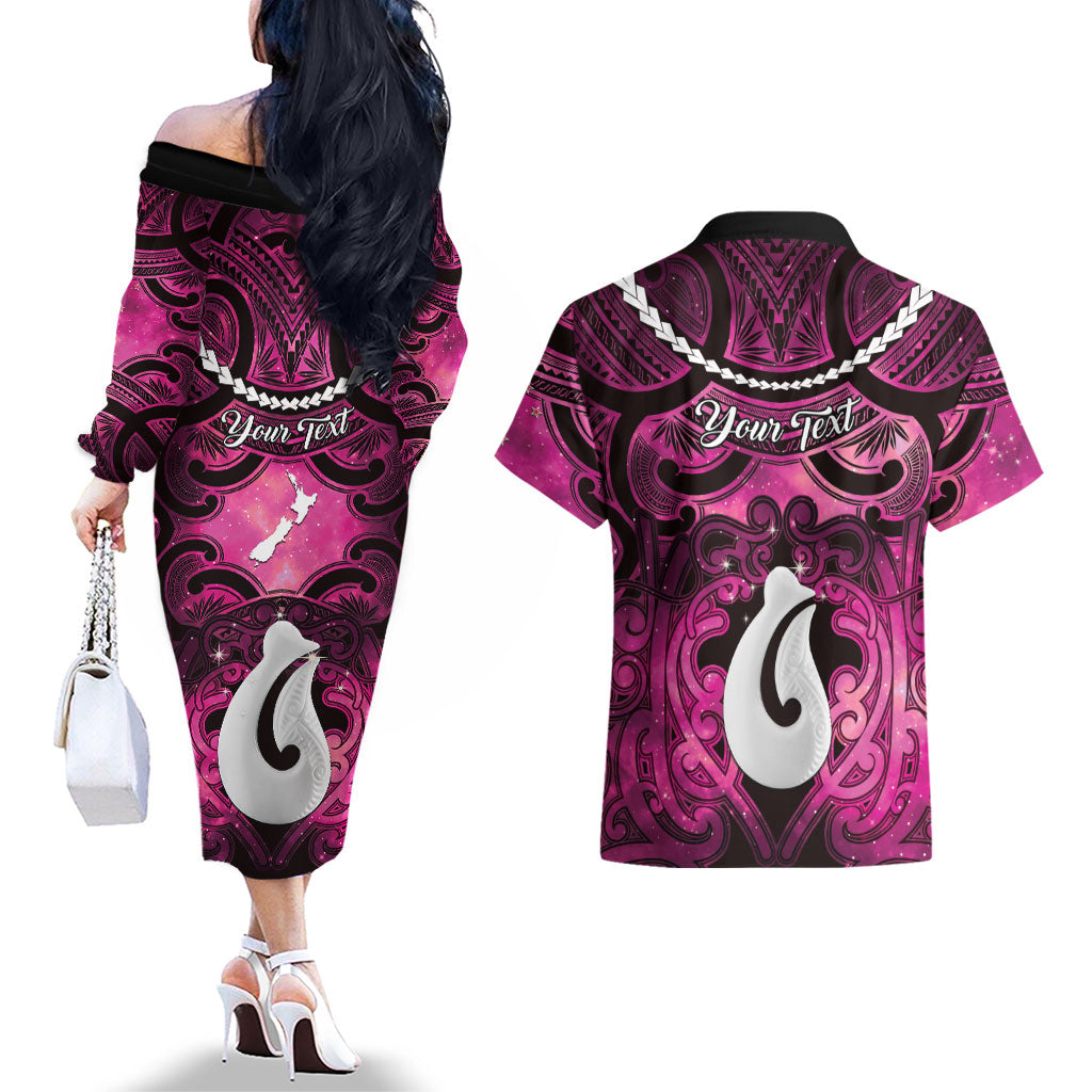 Personalised Maori Matariki Hei Matau Mawhero Couples Matching Off The Shoulder Long Sleeve Dress and Hawaiian Shirt Maori Kowhaiwhai Pattern Galaxy