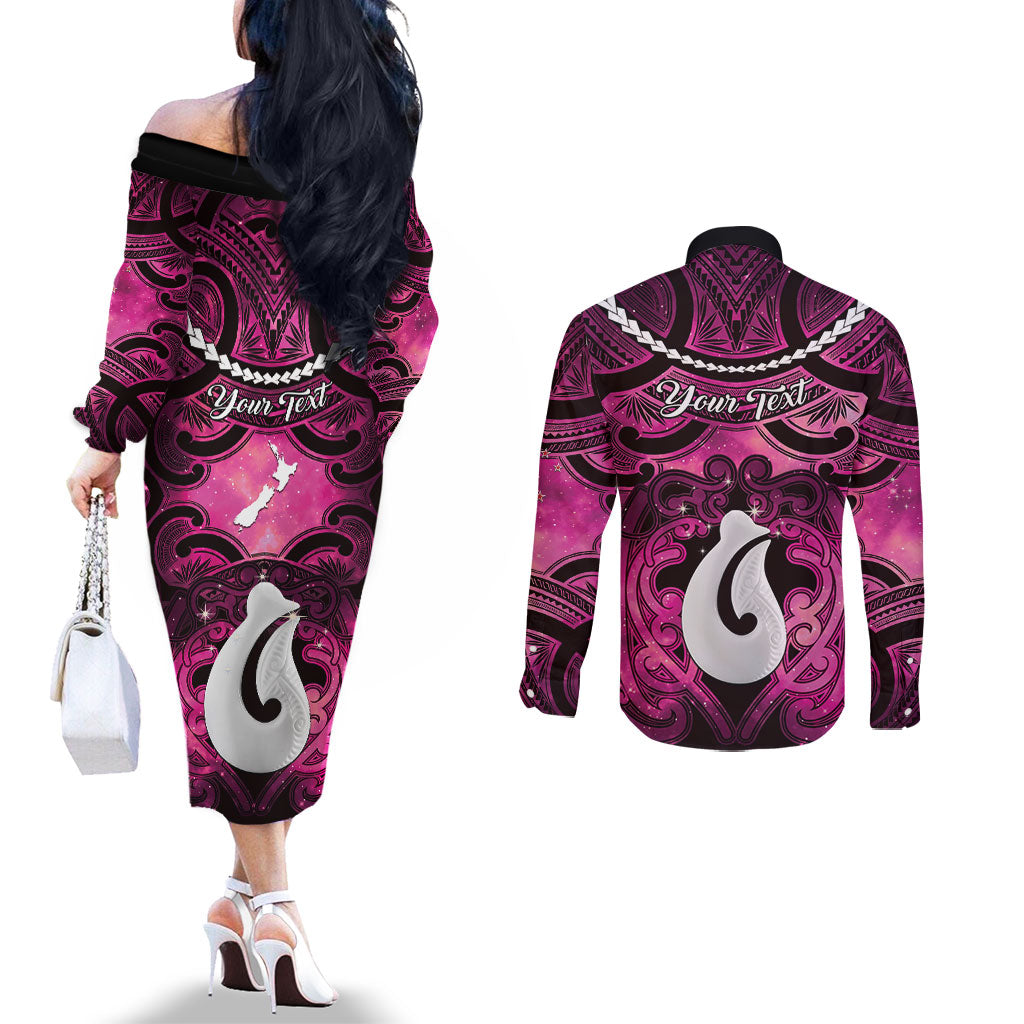 Personalised Maori Matariki Hei Matau Mawhero Couples Matching Off The Shoulder Long Sleeve Dress and Long Sleeve Button Shirt Maori Kowhaiwhai Pattern Galaxy