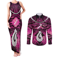 Personalised Maori Matariki Hei Matau Mawhero Couples Matching Tank Maxi Dress and Long Sleeve Button Shirt Maori Kowhaiwhai Pattern Galaxy LT01 Pink - Polynesian Pride