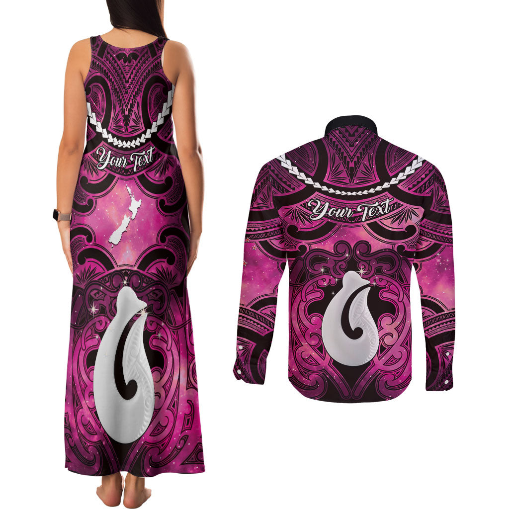 Personalised Maori Matariki Hei Matau Mawhero Couples Matching Tank Maxi Dress and Long Sleeve Button Shirt Maori Kowhaiwhai Pattern Galaxy LT01 - Polynesian Pride