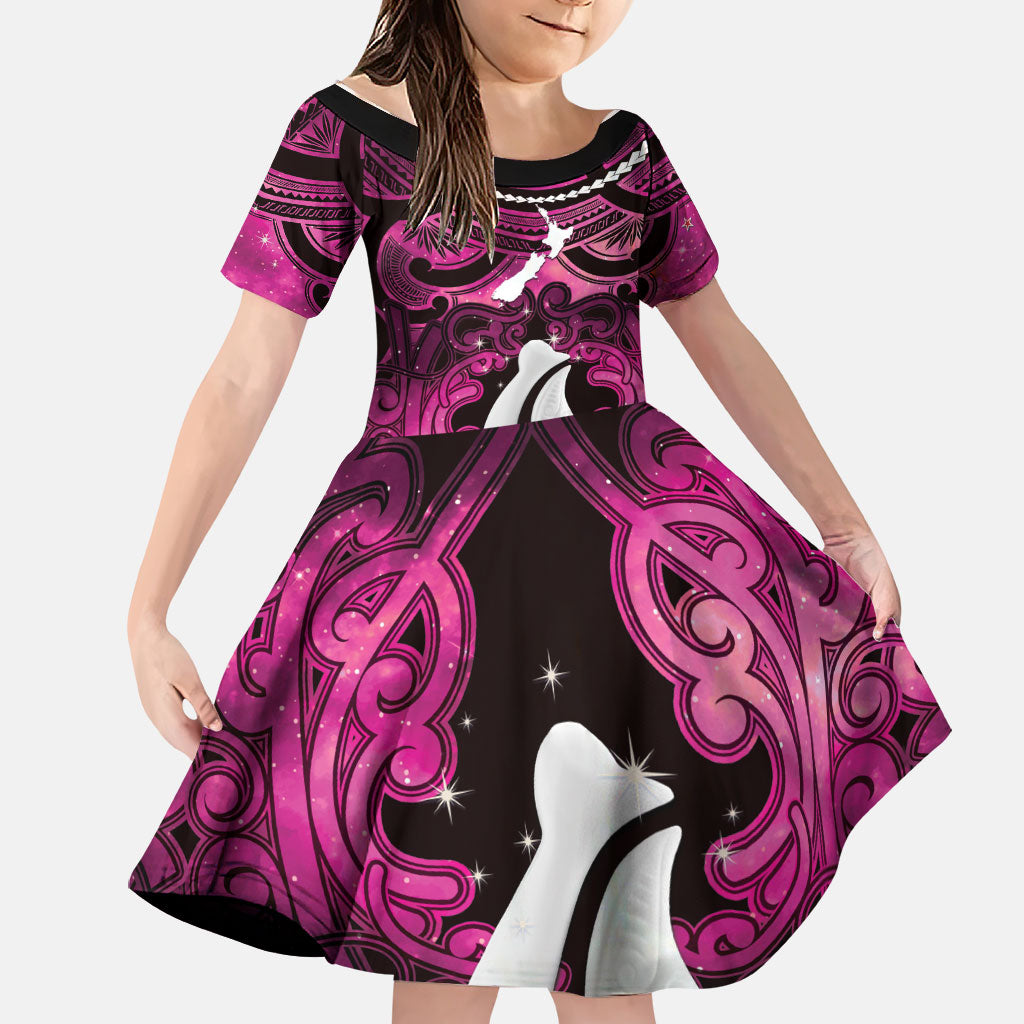 Personalised Maori Matariki Hei Matau Mawhero Family Matching Off The Shoulder Long Sleeve Dress and Hawaiian Shirt Maori Kowhaiwhai Pattern Galaxy LT01 Daughter's Dress Pink - Polynesian Pride