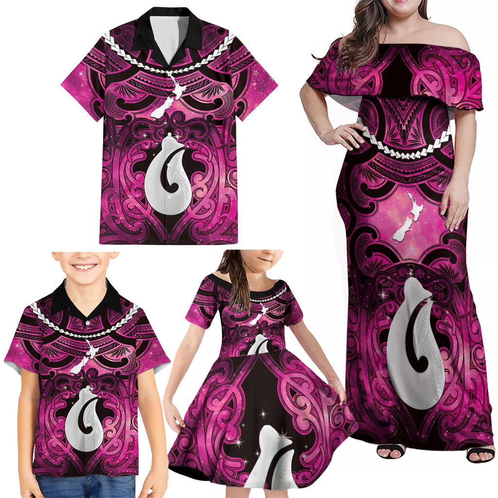 Personalised Maori Matariki Hei Matau Mawhero Family Matching Off Shoulder Maxi Dress and Hawaiian Shirt Maori Kowhaiwhai Pattern Galaxy