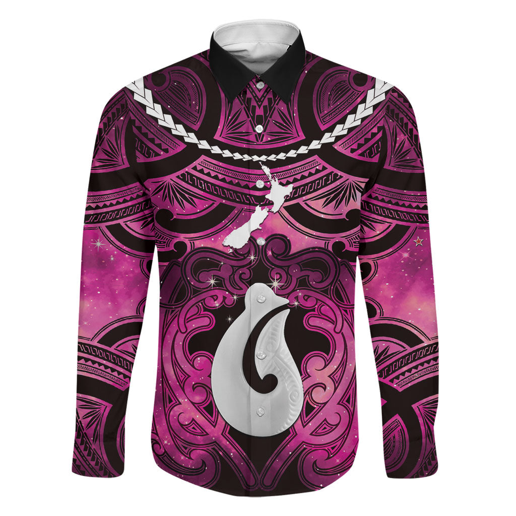 Personalised Maori Matariki Hei Matau Mawhero Family Matching Short Sleeve Bodycon Dress and Hawaiian Shirt Maori Kowhaiwhai Pattern Galaxy LT01 Dad's Shirt - Long Sleeve Pink - Polynesian Pride