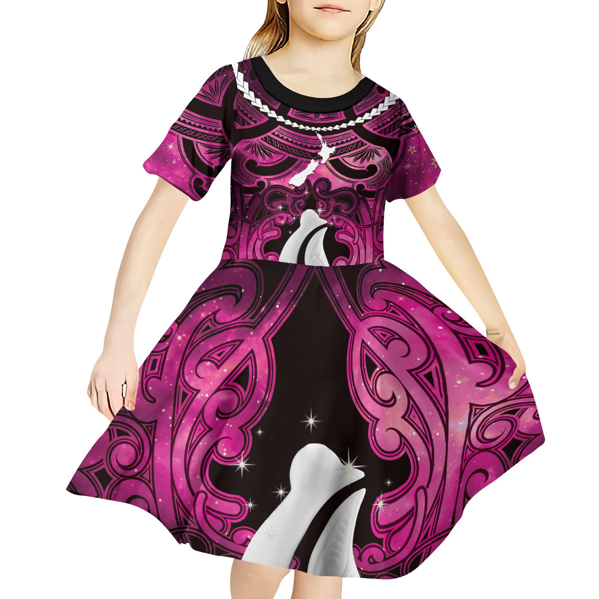 Personalised Maori Matariki Hei Matau Mawhero Kid Short Sleeve Dress Maori Kowhaiwhai Pattern Galaxy LT01 - Polynesian Pride