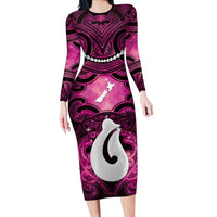 Personalised Maori Matariki Hei Matau Mawhero Long Sleeve Bodycon Dress Maori Kowhaiwhai Pattern Galaxy LT01 Long Dress Pink - Polynesian Pride