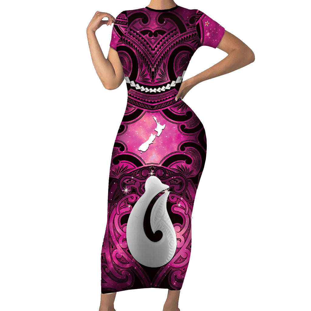 Personalised Maori Matariki Hei Matau Mawhero Short Sleeve Bodycon Dress Maori Kowhaiwhai Pattern Galaxy