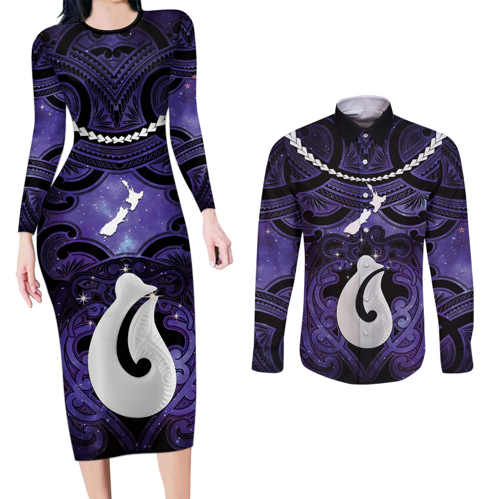 Personalised Maori Matariki Hei Matau Waiporoporo Couples Matching Long Sleeve Bodycon Dress and Long Sleeve Button Shirt Maori Kowhaiwhai Pattern Galaxy