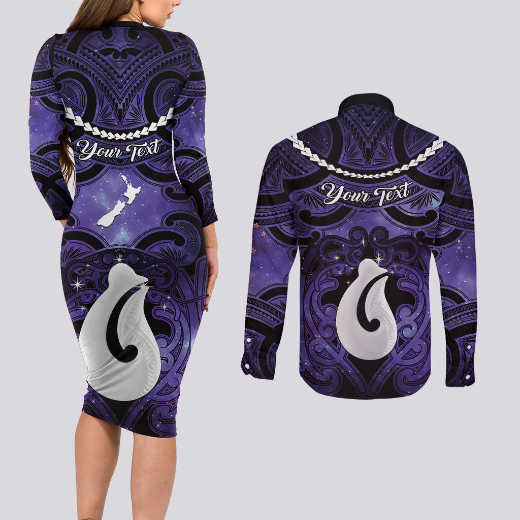 Personalised Maori Matariki Hei Matau Waiporoporo Couples Matching Long Sleeve Bodycon Dress and Long Sleeve Button Shirt Maori Kowhaiwhai Pattern Galaxy