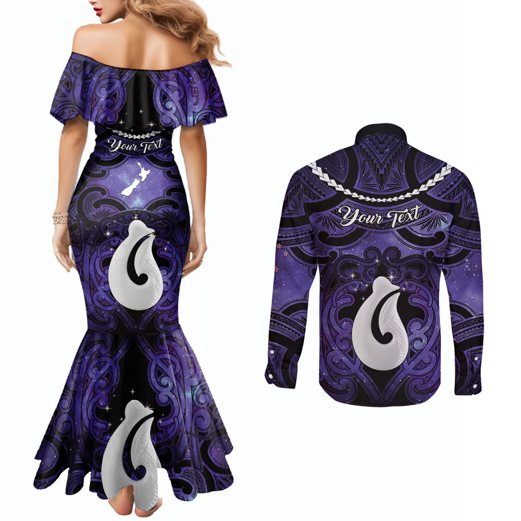 Personalised Maori Matariki Hei Matau Waiporoporo Couples Matching Mermaid Dress and Long Sleeve Button Shirt Maori Kowhaiwhai Pattern Galaxy