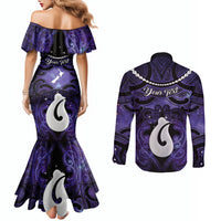 Personalised Maori Matariki Hei Matau Waiporoporo Couples Matching Mermaid Dress and Long Sleeve Button Shirt Maori Kowhaiwhai Pattern Galaxy