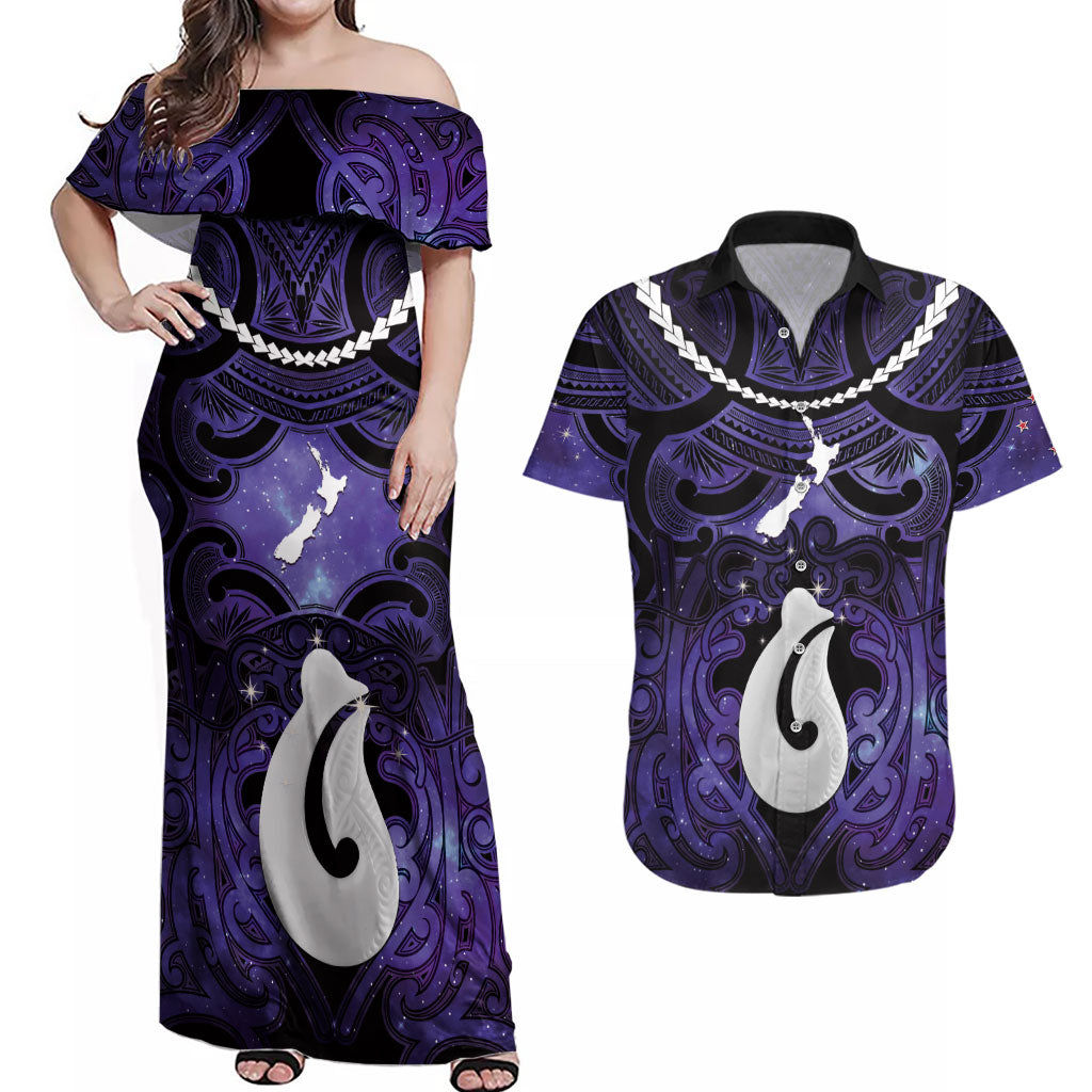 Personalised Maori Matariki Hei Matau Waiporoporo Couples Matching Off Shoulder Maxi Dress and Hawaiian Shirt Maori Kowhaiwhai Pattern Galaxy
