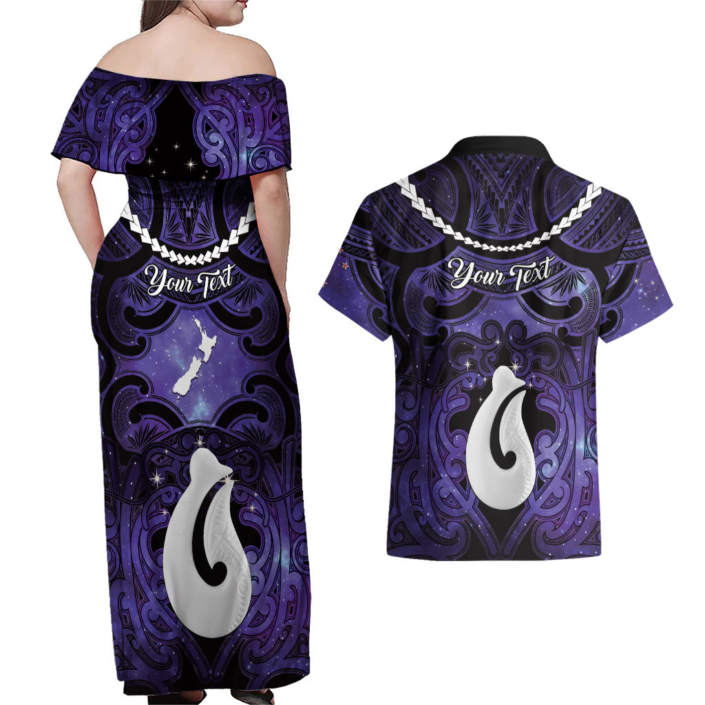 Personalised Maori Matariki Hei Matau Waiporoporo Couples Matching Off Shoulder Maxi Dress and Hawaiian Shirt Maori Kowhaiwhai Pattern Galaxy