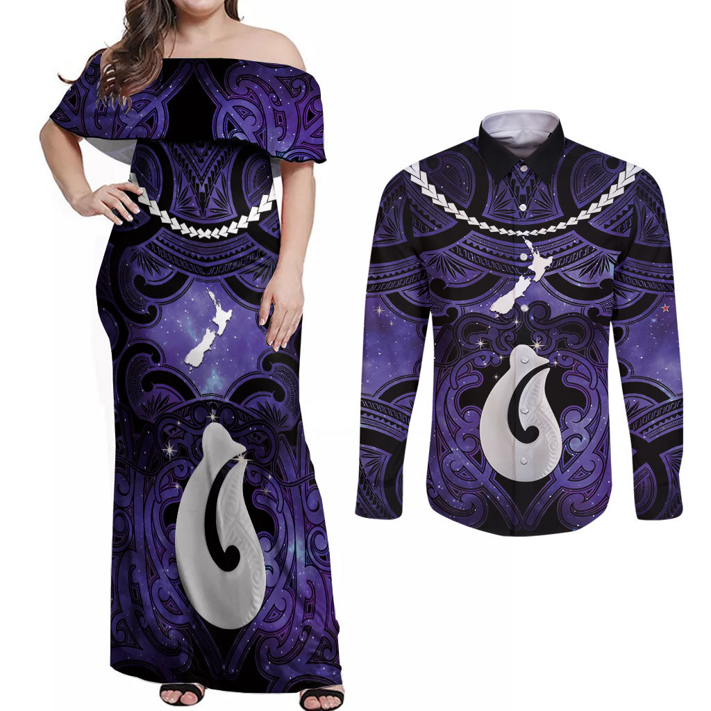 Personalised Maori Matariki Hei Matau Waiporoporo Couples Matching Off Shoulder Maxi Dress and Long Sleeve Button Shirt Maori Kowhaiwhai Pattern Galaxy LT01 Purple - Polynesian Pride