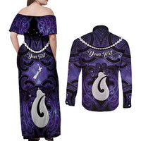 Personalised Maori Matariki Hei Matau Waiporoporo Couples Matching Off Shoulder Maxi Dress and Long Sleeve Button Shirt Maori Kowhaiwhai Pattern Galaxy LT01 - Polynesian Pride