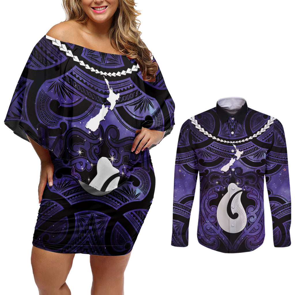 Personalised Maori Matariki Hei Matau Waiporoporo Couples Matching Off Shoulder Short Dress and Long Sleeve Button Shirt Maori Kowhaiwhai Pattern Galaxy LT01 Purple - Polynesian Pride