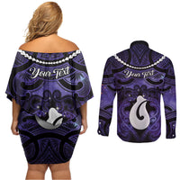 Personalised Maori Matariki Hei Matau Waiporoporo Couples Matching Off Shoulder Short Dress and Long Sleeve Button Shirt Maori Kowhaiwhai Pattern Galaxy LT01 - Polynesian Pride