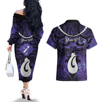 Personalised Maori Matariki Hei Matau Waiporoporo Couples Matching Off The Shoulder Long Sleeve Dress and Hawaiian Shirt Maori Kowhaiwhai Pattern Galaxy