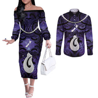 Personalised Maori Matariki Hei Matau Waiporoporo Couples Matching Off The Shoulder Long Sleeve Dress and Long Sleeve Button Shirt Maori Kowhaiwhai Pattern Galaxy