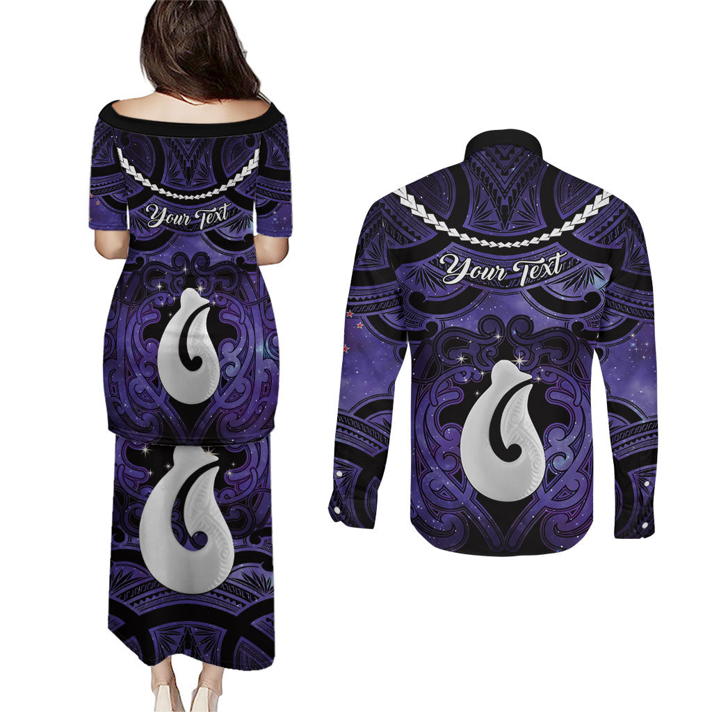 Personalised Maori Matariki Hei Matau Waiporoporo Couples Matching Puletasi and Long Sleeve Button Shirt Maori Kowhaiwhai Pattern Galaxy LT01 - Polynesian Pride