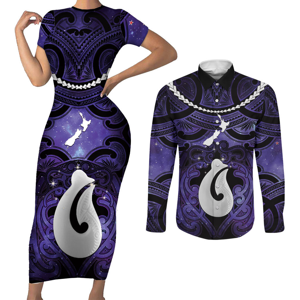 Personalised Maori Matariki Hei Matau Waiporoporo Couples Matching Short Sleeve Bodycon Dress and Long Sleeve Button Shirt Maori Kowhaiwhai Pattern Galaxy