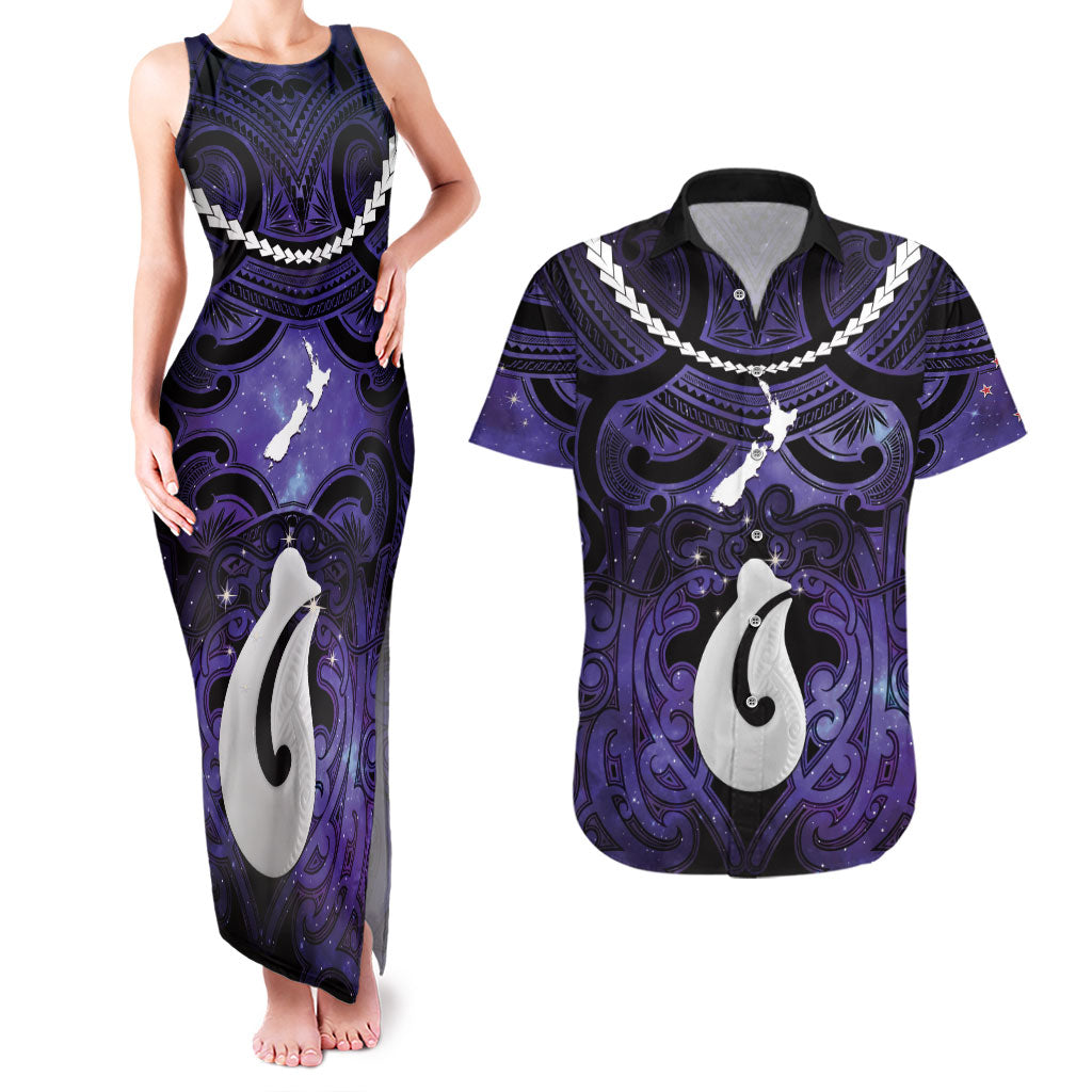 Personalised Maori Matariki Hei Matau Waiporoporo Couples Matching Tank Maxi Dress and Hawaiian Shirt Maori Kowhaiwhai Pattern Galaxy