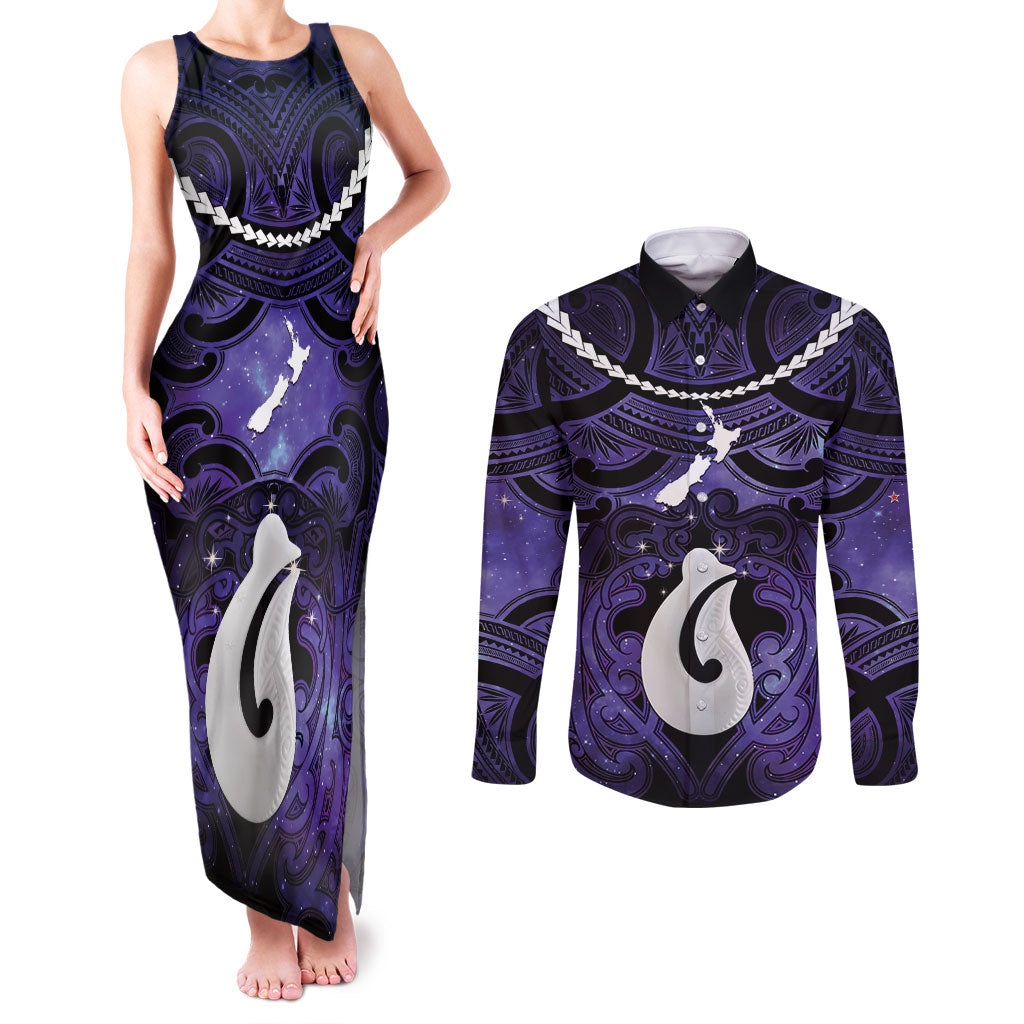 Personalised Maori Matariki Hei Matau Waiporoporo Couples Matching Tank Maxi Dress and Long Sleeve Button Shirt Maori Kowhaiwhai Pattern Galaxy LT01 Purple - Polynesian Pride