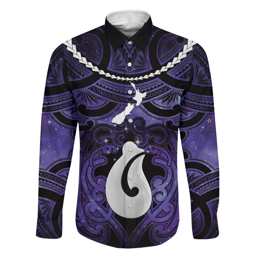 Personalised Maori Matariki Hei Matau Waiporoporo Family Matching Off The Shoulder Long Sleeve Dress and Hawaiian Shirt Maori Kowhaiwhai Pattern Galaxy LT01 Dad's Shirt - Long Sleeve Purple - Polynesian Pride