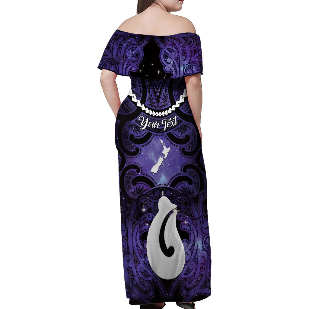 Personalised Maori Matariki Hei Matau Waiporoporo Family Matching Off Shoulder Maxi Dress and Hawaiian Shirt Maori Kowhaiwhai Pattern Galaxy LT01 - Polynesian Pride