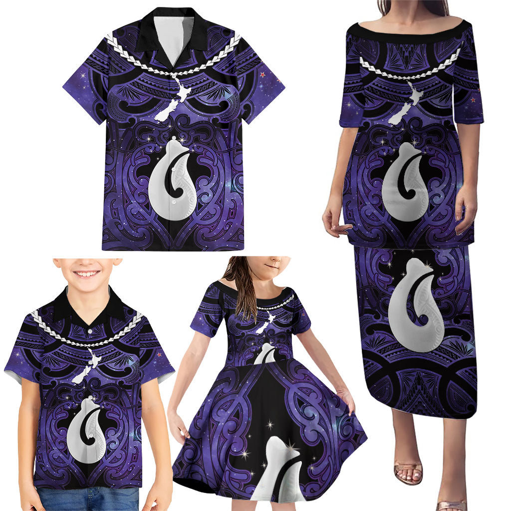 Personalised Maori Matariki Hei Matau Waiporoporo Family Matching Puletasi and Hawaiian Shirt Maori Kowhaiwhai Pattern Galaxy LT01 - Polynesian Pride
