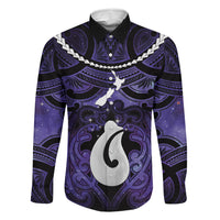 Personalised Maori Matariki Hei Matau Waiporoporo Family Matching Summer Maxi Dress and Hawaiian Shirt Maori Kowhaiwhai Pattern Galaxy LT01 Dad's Shirt - Long Sleeve Purple - Polynesian Pride
