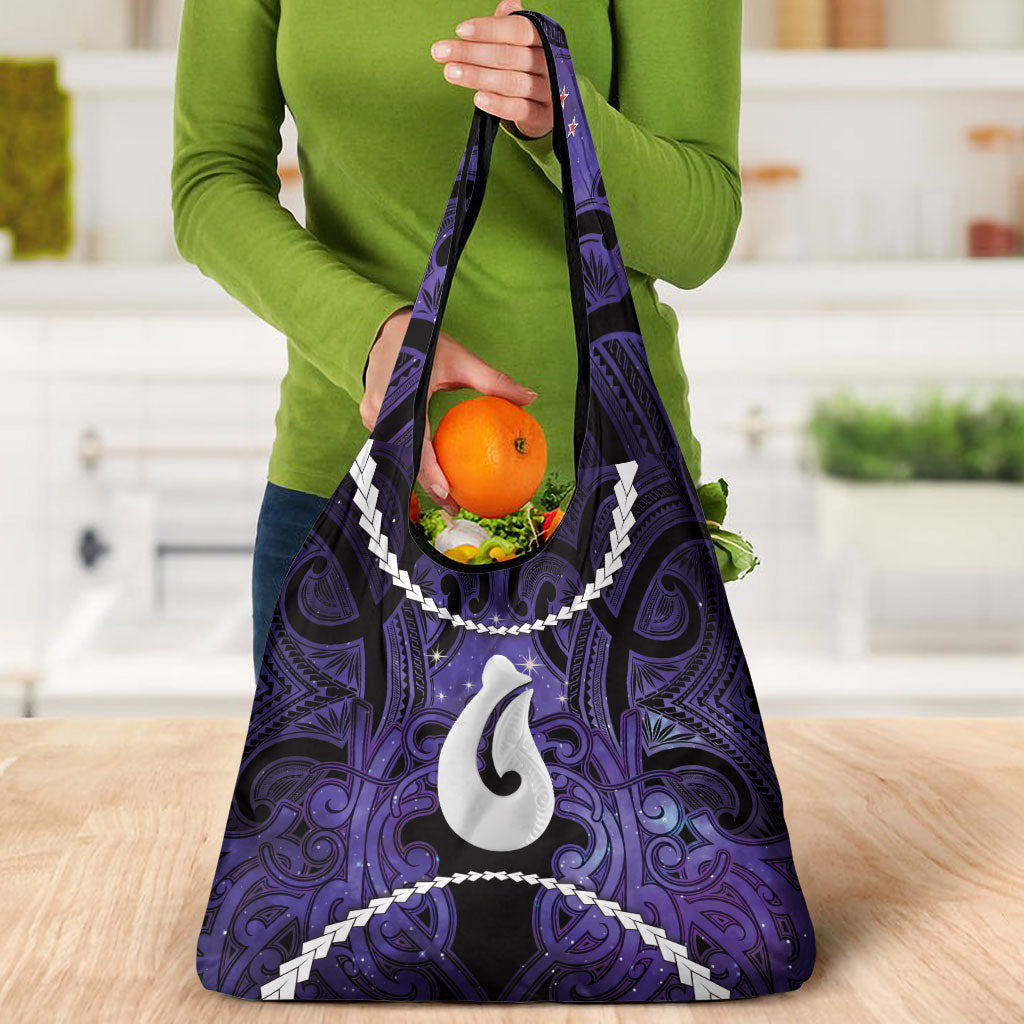 Maori Matariki Hei Matau Waiporoporo Grocery Bag Maori Kowhaiwhai Pattern Galaxy