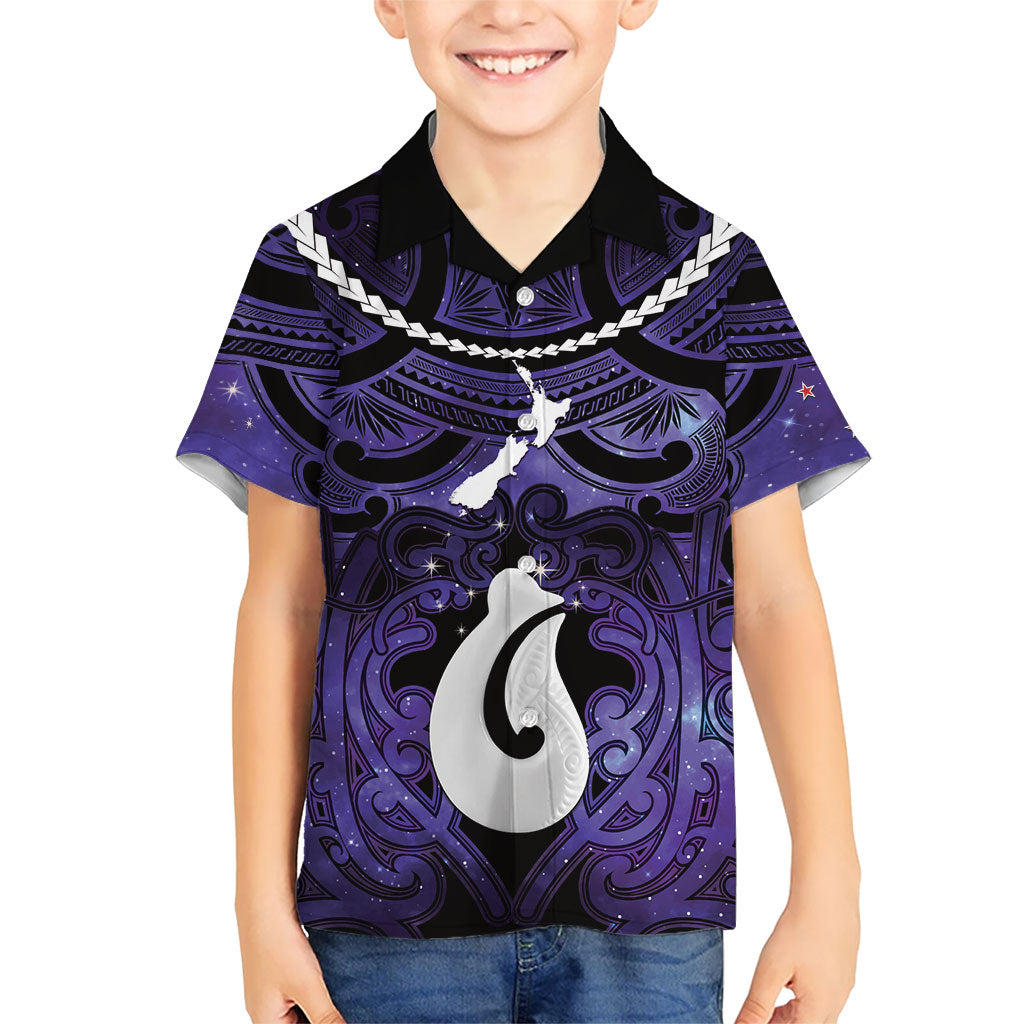 Personalised Maori Matariki Hei Matau Waiporoporo Kid Hawaiian Shirt Maori Kowhaiwhai Pattern Galaxy LT01 Kid Purple - Polynesian Pride