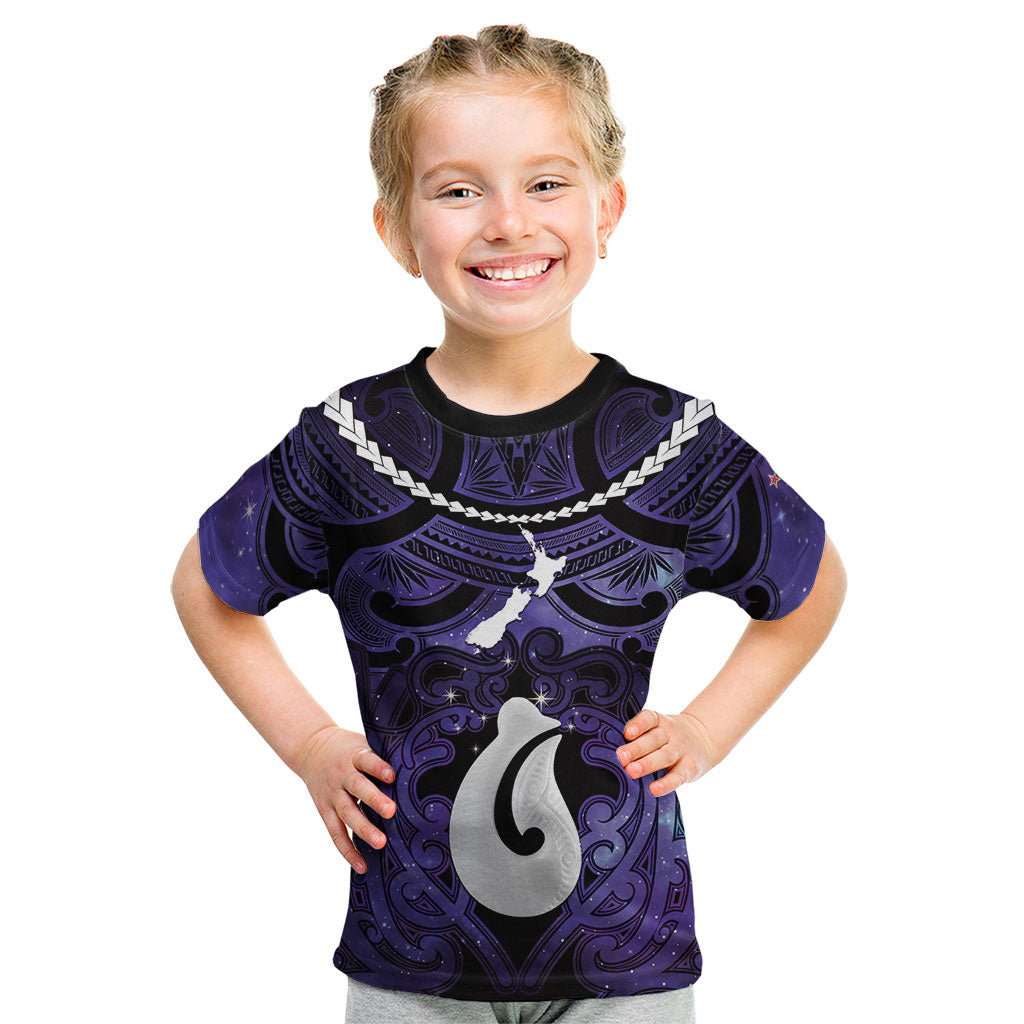 Personalised Maori Matariki Hei Matau Waiporoporo Kid T Shirt Maori Kowhaiwhai Pattern Galaxy LT01 Purple - Polynesian Pride