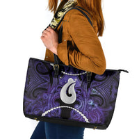 Maori Matariki Hei Matau Waiporoporo Leather Tote Bag Maori Kowhaiwhai Pattern Galaxy