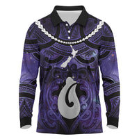 Personalised Maori Matariki Hei Matau Waiporoporo Long Sleeve Polo Shirt Maori Kowhaiwhai Pattern Galaxy LT01 Purple - Polynesian Pride