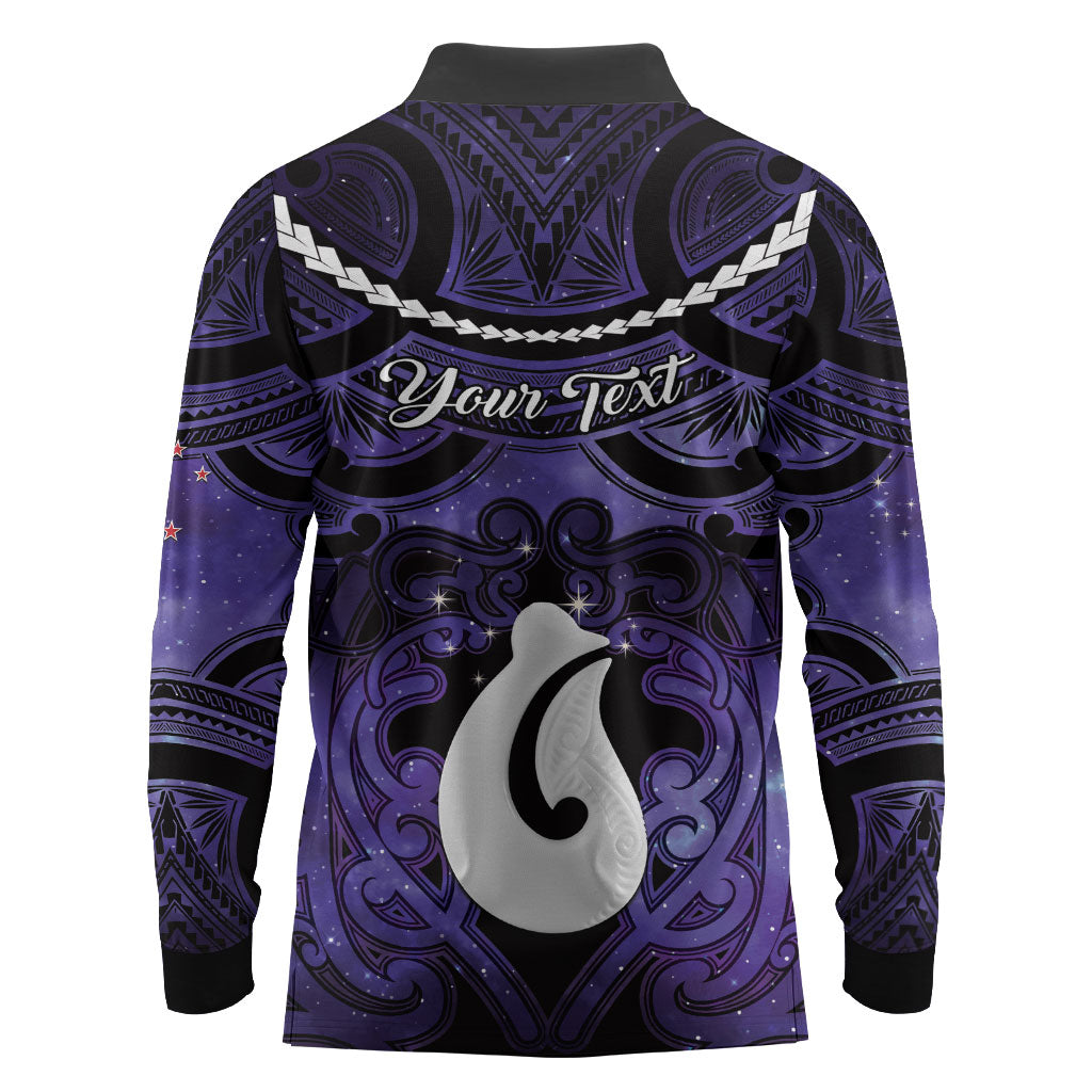 Personalised Maori Matariki Hei Matau Waiporoporo Long Sleeve Polo Shirt Maori Kowhaiwhai Pattern Galaxy LT01 - Polynesian Pride