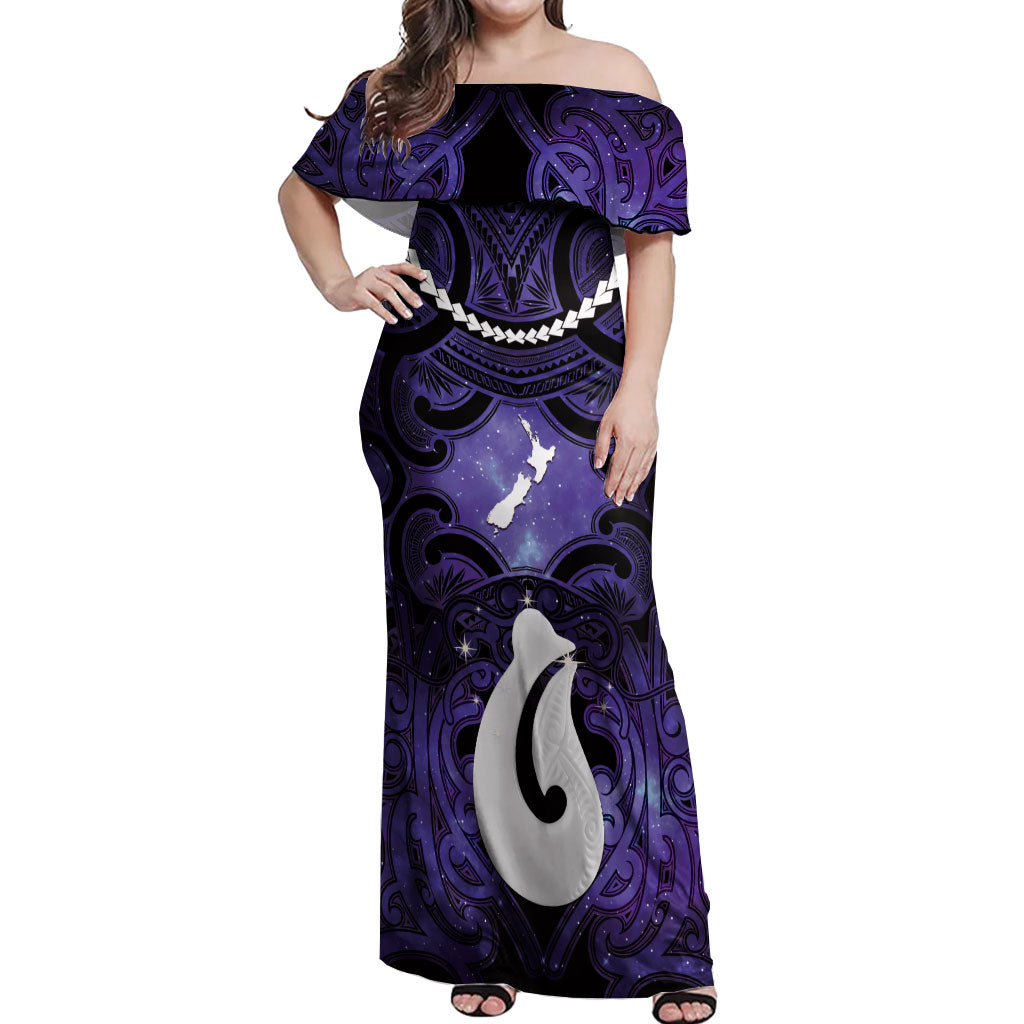 Personalised Maori Matariki Hei Matau Waiporoporo Off Shoulder Maxi Dress Maori Kowhaiwhai Pattern Galaxy LT01 Women Purple - Polynesian Pride