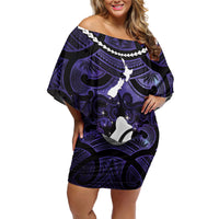 Personalised Maori Matariki Hei Matau Waiporoporo Off Shoulder Short Dress Maori Kowhaiwhai Pattern Galaxy LT01 Women Purple - Polynesian Pride