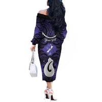 Personalised Maori Matariki Hei Matau Waiporoporo Off The Shoulder Long Sleeve Dress Maori Kowhaiwhai Pattern Galaxy LT01 - Polynesian Pride