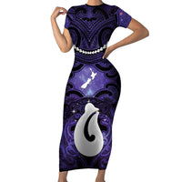 Personalised Maori Matariki Hei Matau Waiporoporo Short Sleeve Bodycon Dress Maori Kowhaiwhai Pattern Galaxy LT01 Long Dress Purple - Polynesian Pride