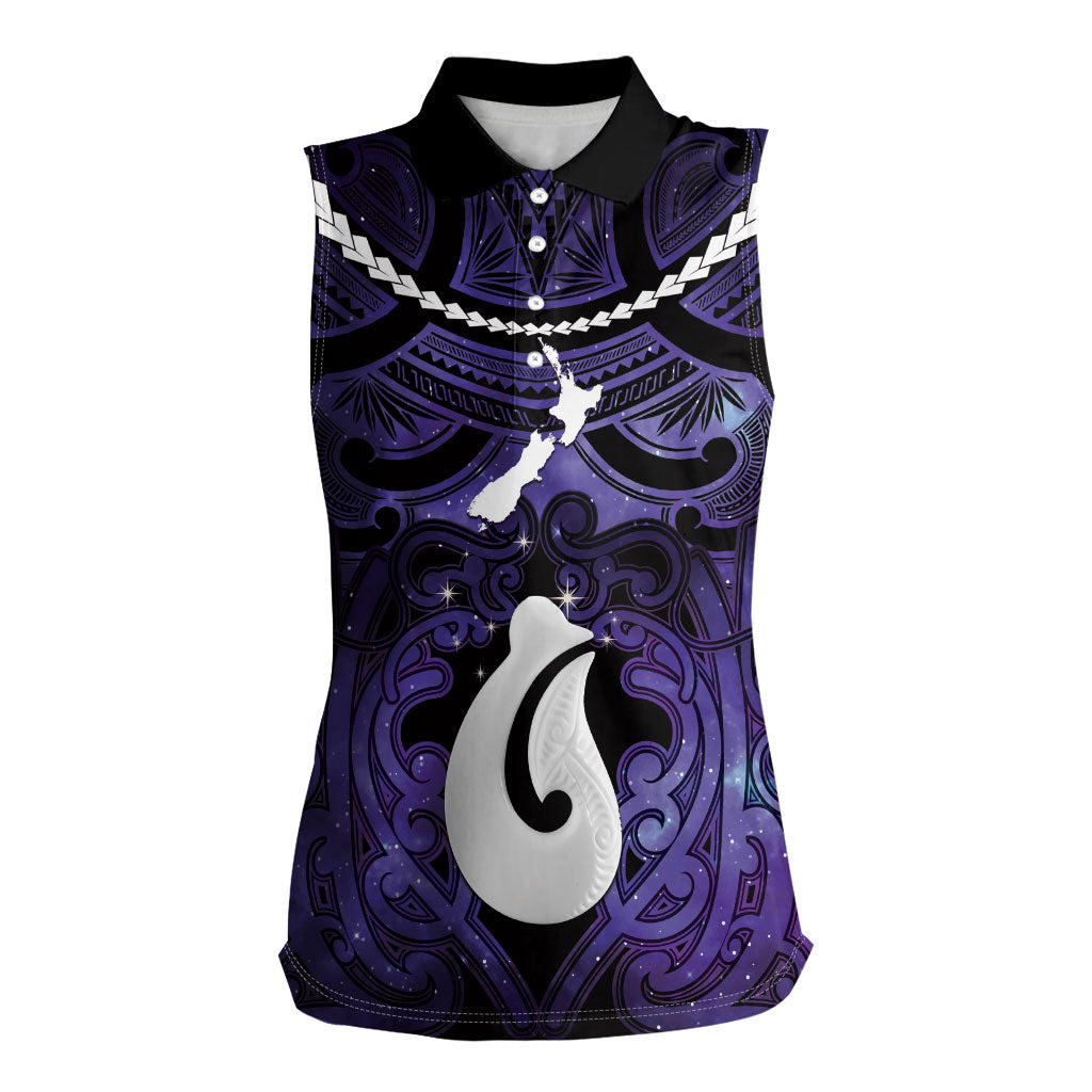Personalised Maori Matariki Hei Matau Waiporoporo Women Sleeveless Polo Shirt Maori Kowhaiwhai Pattern Galaxy