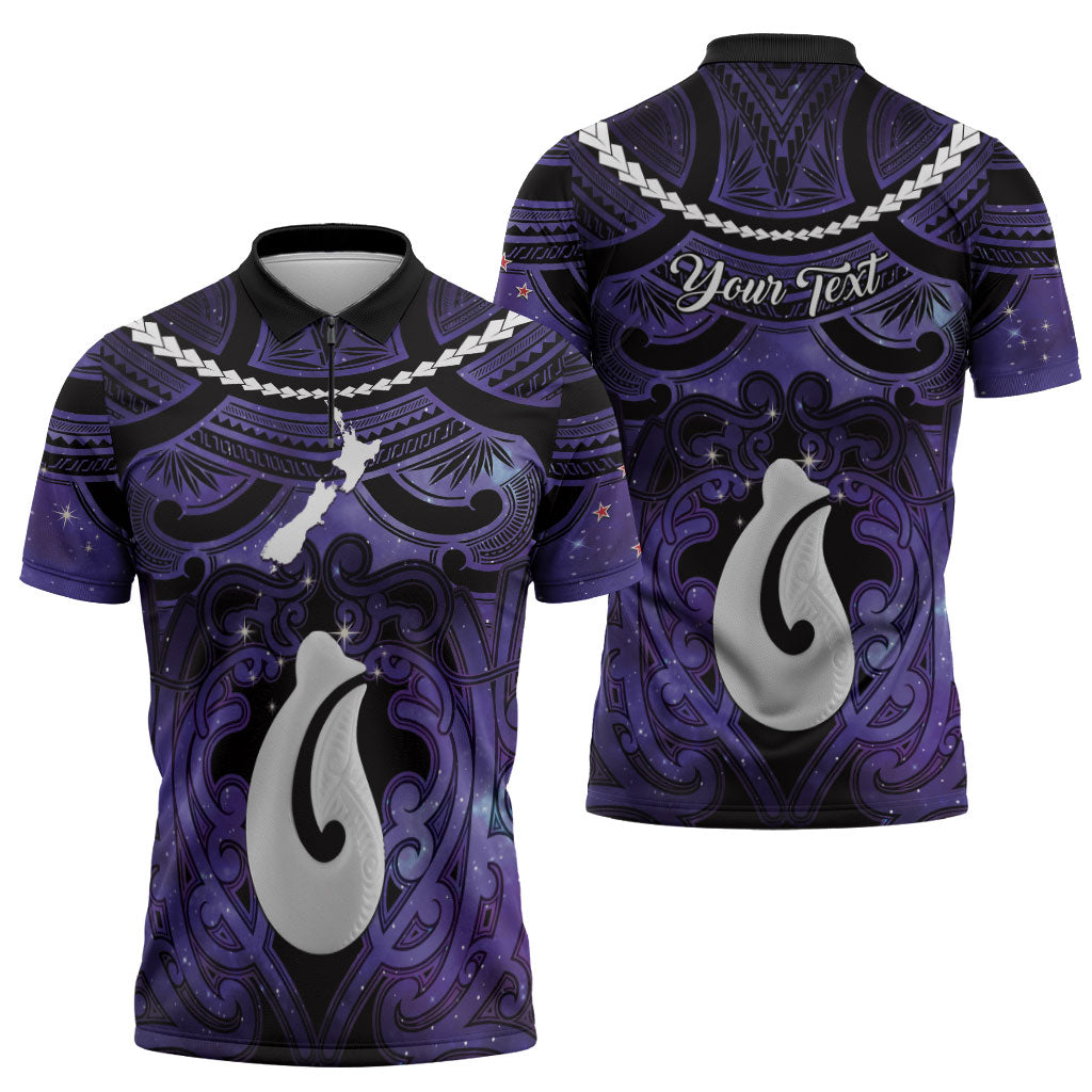 Personalised Maori Matariki Hei Matau Waiporoporo Zipper Polo Shirt Maori Kowhaiwhai Pattern Galaxy LT01 - Polynesian Pride