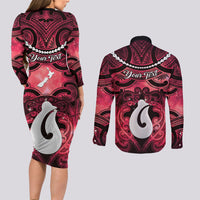 Personalised Maori Matariki Hei Matau Whero Couples Matching Long Sleeve Bodycon Dress and Long Sleeve Button Shirt Maori Kowhaiwhai Pattern Galaxy LT01 - Polynesian Pride