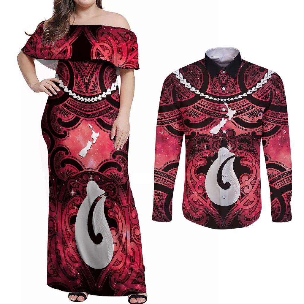 Personalised Maori Matariki Hei Matau Whero Couples Matching Off Shoulder Maxi Dress and Long Sleeve Button Shirt Maori Kowhaiwhai Pattern Galaxy LT01 Red - Polynesian Pride