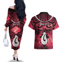 Personalised Maori Matariki Hei Matau Whero Couples Matching Off The Shoulder Long Sleeve Dress and Hawaiian Shirt Maori Kowhaiwhai Pattern Galaxy