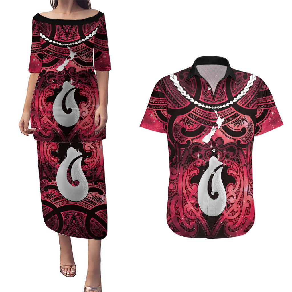 Personalised Maori Matariki Hei Matau Whero Couples Matching Puletasi and Hawaiian Shirt Maori Kowhaiwhai Pattern Galaxy