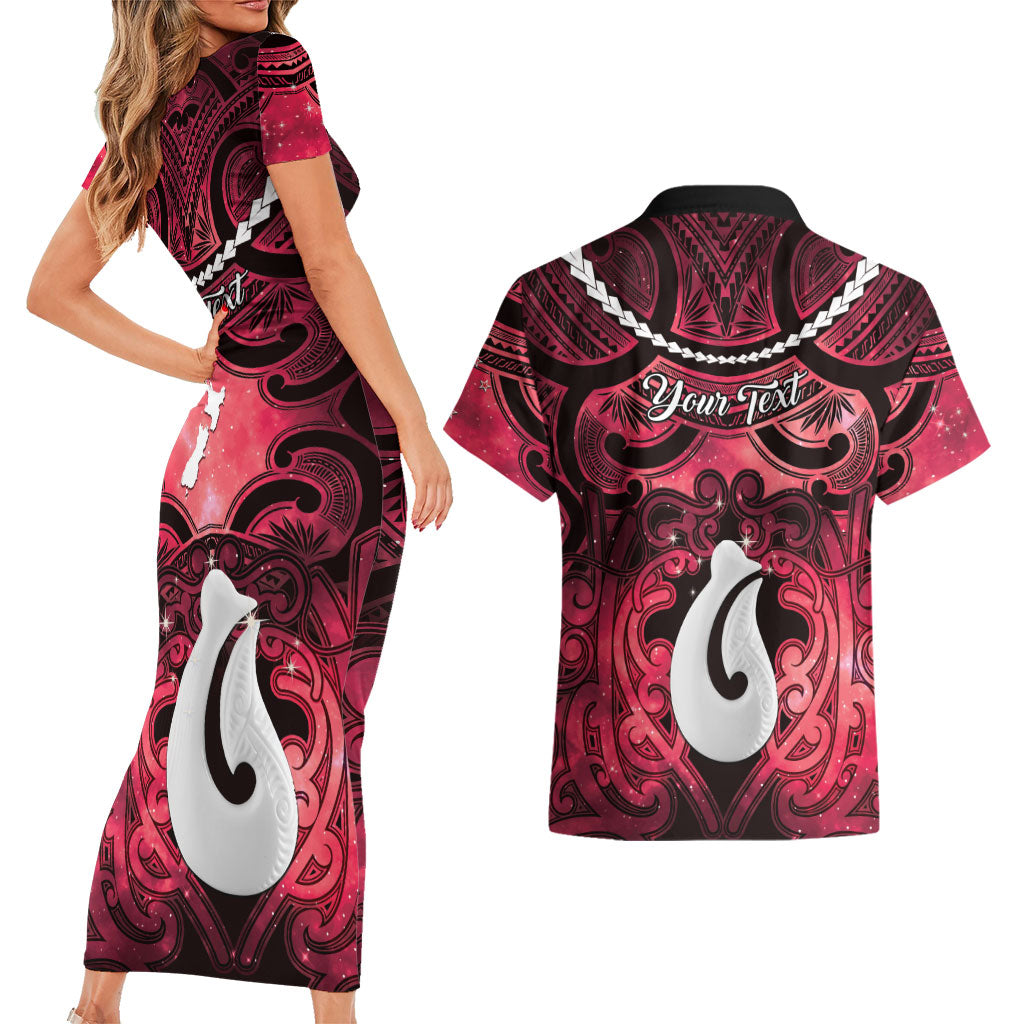 Personalised Maori Matariki Hei Matau Whero Couples Matching Short Sleeve Bodycon Dress and Hawaiian Shirt Maori Kowhaiwhai Pattern Galaxy